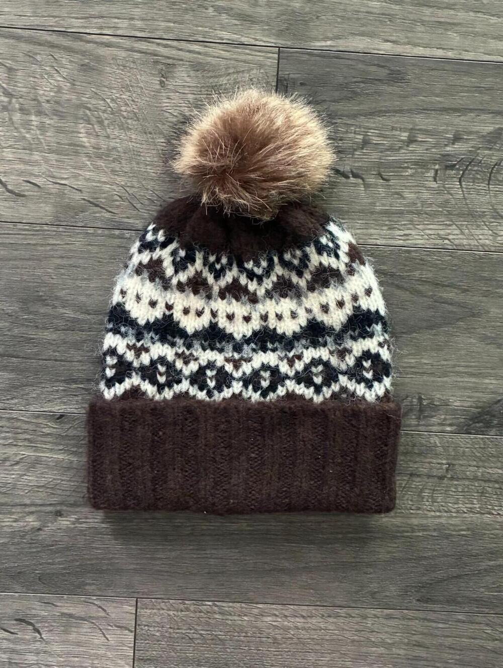Dark Brown Fairisle Pom Beanie Hat